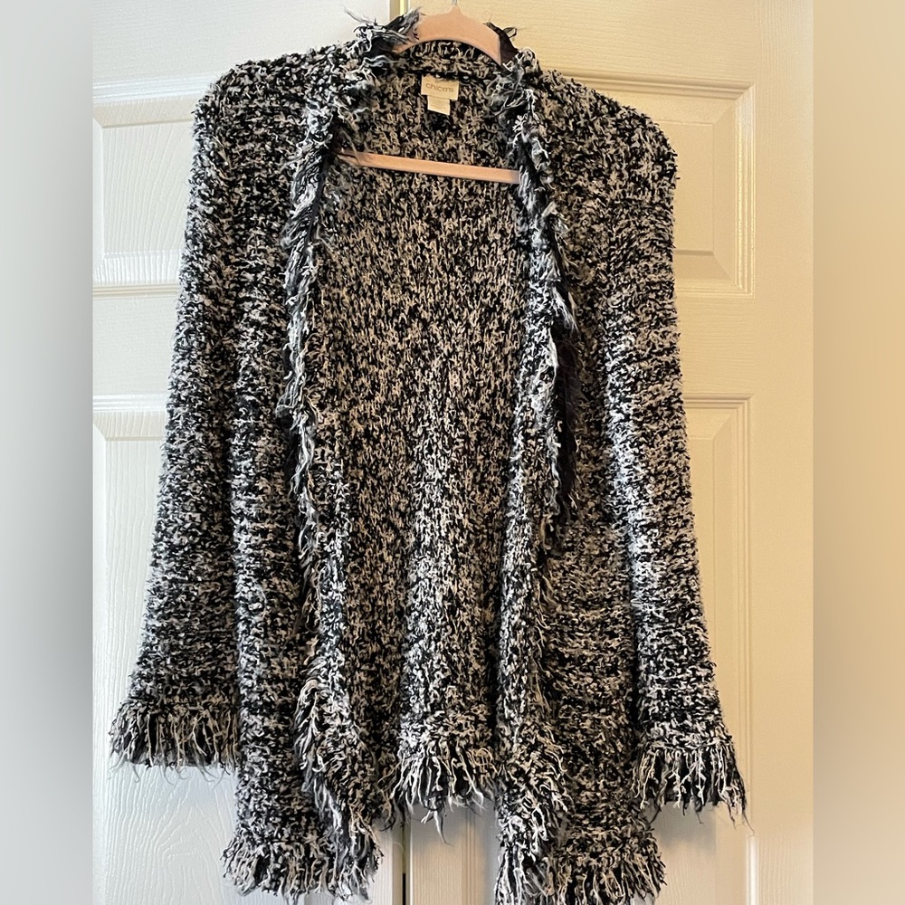 Chico’s- Open Cardigan Sweater with Fringe and Lace